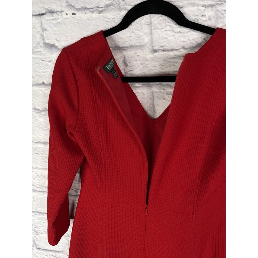 LAUREN RALPH LAUREN Women's Red Waffle Texture V-Neck Fit & Flare Dress Size 4 - Picture 4 of 6